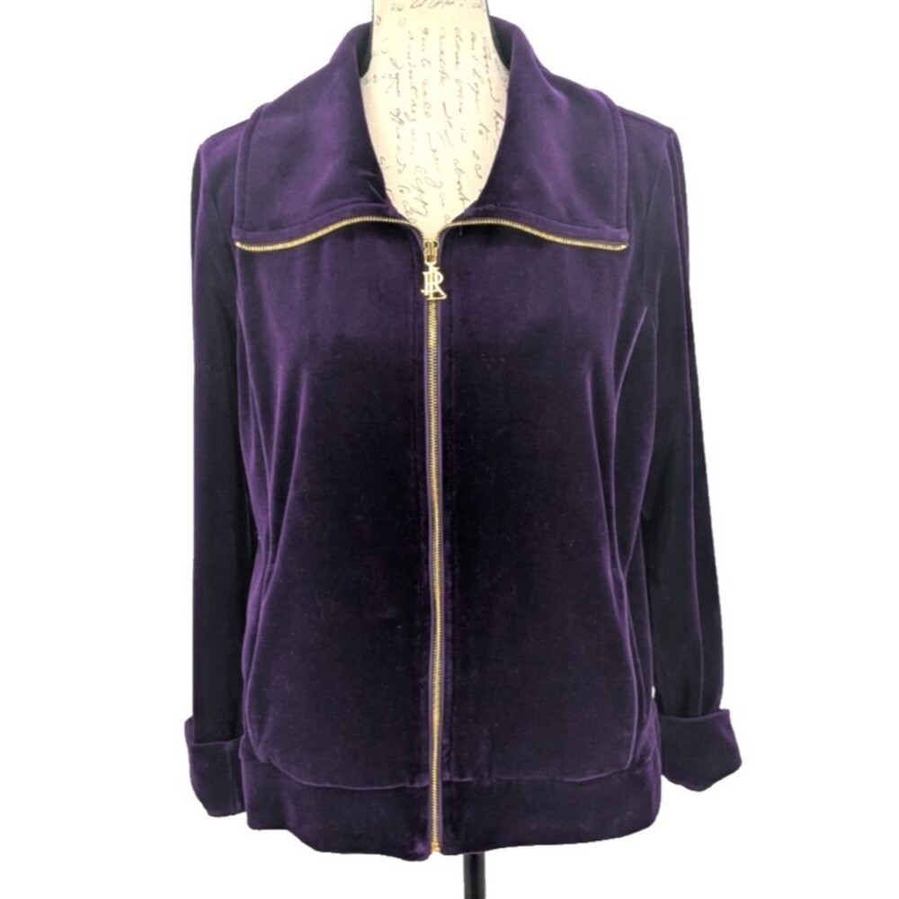 Ralph Lauren Purple Velvet Velour Jacket M/L Gold Zip with Logo Athleisure